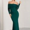 Madeleine | Bottle Green Fishtail Maxi Dress With Bardot Mesh Long Sleeves