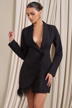Prized Possession | Black Feather Wrap Blazer Mini Dress -ENY Clothing Shop WB CL125268002 PrizedPossession BlackFeatherWrapBlazerMiniDress2