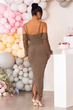 Announcement | Mocha Maternity Bardot Ruched Maxi Dress -ENY Clothing Shop WB CL125301 DarkMocha Ruched Bardot Maternity Midi Dress 7