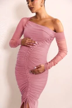 Sweet Dreams | Dusty Rose Maternity Ruched Sheer Sleeve Maxi Dress -ENY Clothing Shop WB CL125303 SweetDreamsMaternityRuchedSheerSleeveMaxiDress2