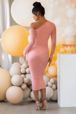 Sweet Dreams | Blush Pink Maternity Asymmetric Ruched Midi Dress -ENY Clothing Shop WB CL125304 Blush ruched Asymetric Maternity Maxi Dress 1