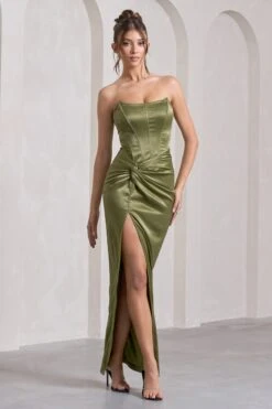 Romancing | Olive Thigh Split Corset Strapless Maxi Dress -ENY Clothing Shop WB CL125596113 RomancingOliveThighSplitCorsetStraplessMaxiDress