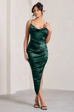 Risk It All | Bottle Green Cami Cowl Neck Asymmetric Hem Midi Dress -ENY Clothing Shop WB CL126039047 RiskItAll BottleGreenSatinCamiCowlNeckAsymmetricHemDress2