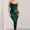 Risk It All | Bottle Green Cami Cowl Neck Asymmetric Hem Midi Dress -ENY Clothing Shop WB CL126039047 RiskItAll BottleGreenSatinCamiCowlNeckAsymmetricHemDress3
