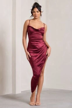 Risk It All | Burgundy Satin Cami Cowl Neck Asymmetric Hem Dress -ENY Clothing Shop WB CL126039069 RiskItAllBurgundySatinCamiCowlNeckAsymmetricHemDress1
