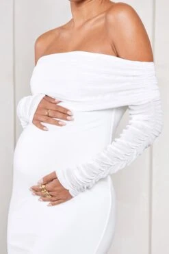 Patiently Waiting | White Maternity Ruched Mesh Bardot Midi Dress -ENY Clothing Shop WB CL126178005 PatientlyWaitingWhiteMaternityRuchedMeshBardotMidiDress0