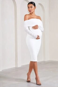 Patiently Waiting | White Maternity Ruched Mesh Bardot Midi Dress -ENY Clothing Shop WB CL126178005 PatientlyWaitingWhiteMaternityRuchedMeshBardotMidiDress1