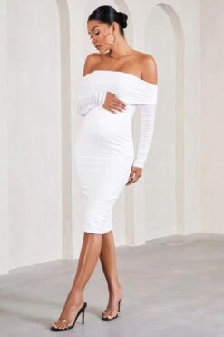 Patiently Waiting | White Maternity Ruched Mesh Bardot Midi Dress -ENY Clothing Shop WB CL126178005 PatientlyWaitingWhiteMaternityRuchedMeshBardotMidiDress3