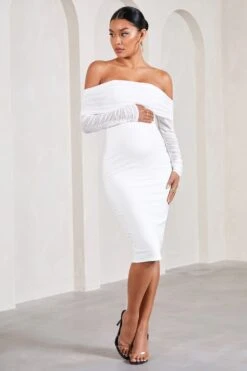 Patiently Waiting | White Maternity Ruched Mesh Bardot Midi Dress
