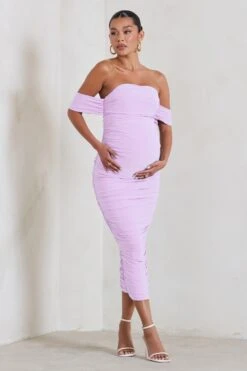 Plus One | Lilac Maternity Ruched Bardot Midi Dress 11 Plus One | Lilac Maternity Ruched Bardot Midi Dress -ENY Clothing Shop WB CL126180 PlusOneLilacRuchedBardotMidiDress1