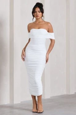 Lost For Words | White Bardot Ruched Draped Midi Dress -ENY Clothing Shop WB CL126195005 LostForWordsWhiteBardotRuchedDrapedMidiDress0