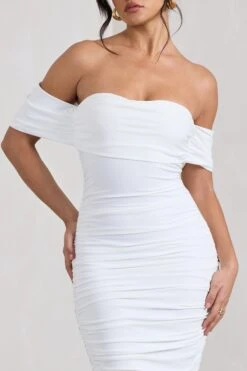 Lost For Words | White Bardot Ruched Draped Midi Dress -ENY Clothing Shop WB CL126195005 LostForWordsWhiteBardotRuchedDrapedMidiDress4