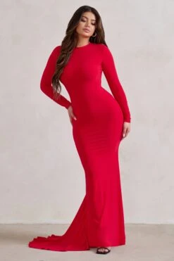 One Step Ahead | Red Long Sleeve Backless Fishtail Maxi Dress -ENY Clothing Shop WB CL126332 OneStepAheadRedLongSleeveBacklessFishtailMaxiDress1