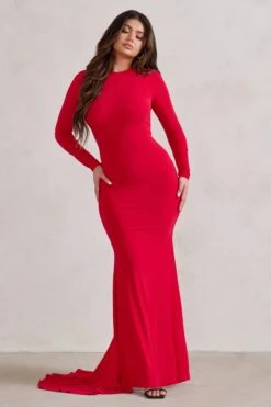 One Step Ahead | Red Long Sleeve Backless Fishtail Maxi Dress -ENY Clothing Shop WB CL126332 OneStepAheadRedLongSleeveBacklessFishtailMaxiDress2