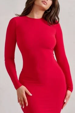 One Step Ahead | Red Long Sleeve Backless Fishtail Maxi Dress -ENY Clothing Shop WB CL126332 OneStepAheadRedLongSleeveBacklessFishtailMaxiDress3