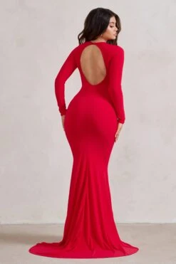One Step Ahead | Red Long Sleeve Backless Fishtail Maxi Dress -ENY Clothing Shop WB CL126332 OneStepAheadRedLongSleeveBacklessFishtailMaxiDress4