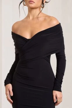 Flatter Me | Black Twist Front Bardot Midi Dress -ENY Clothing Shop WB CL126408002 FlatterMe BlackTwistFrontBardotMidiDress3