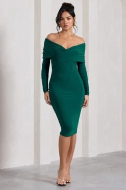 Flatter Me | Bottle Green Twist Front Bardot Midi Dress -ENY Clothing Shop WB CL126408047 FlatterMeBottleGreenTwistFrontBardotMidiDress1