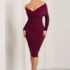 Flatter Me | Burgundy Twist Front Bardot Midi Dress -ENY Clothing Shop WB CL126408158 FlatterMe BurgundyTwistFrontBardotMidiDress3 22fbf42a ea93 4417 b539 078c2ba78ee2