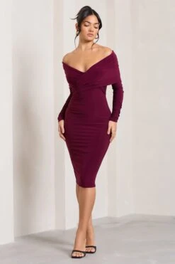 Flatter Me | Burgundy Twist Front Bardot Midi Dress