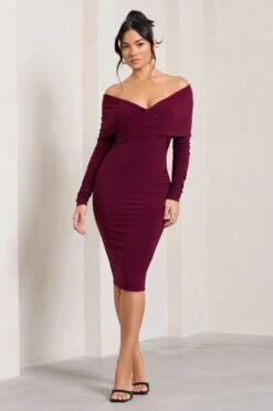 Flatter Me | Burgundy Twist Front Bardot Midi Dress -ENY Clothing Shop WB CL126408158 FlatterMe BurgundyTwistFrontBardotMidiDress4