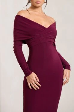 Flatter Me | Burgundy Twist Front Bardot Midi Dress -ENY Clothing Shop WB CL126408158 FlatterMe BurgundyTwistFrontBardotMidiDress5