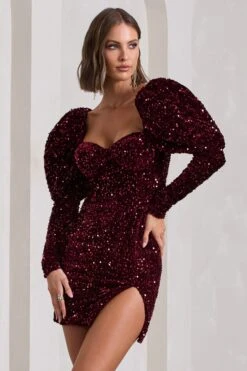 Shine Bright | Berry Sequin Mini Dress With Puff Sleeves -ENY Clothing Shop WB CL126499037 ShineBrightBerrySequinMiniDressWithPuffSleeves1