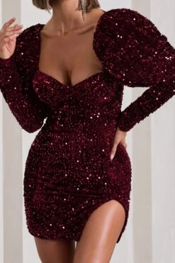 Shine Bright | Berry Sequin Mini Dress With Puff Sleeves -ENY Clothing Shop WB CL126499037 ShineBrightBerrySequinMiniDressWithPuffSleeves8copy