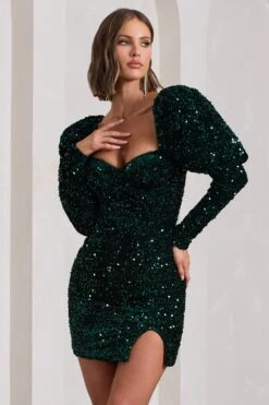 Shine Bright | Bottle Green Sequin Mini Dress With Puff Sleeves -ENY Clothing Shop WB CL126499047 ShineBrightBottleGreenSequinMiniDressWithPuffSleeves2