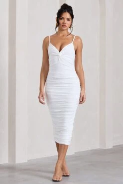 Desired | White Knot Detail Ruched Midi Dress -ENY Clothing Shop WB CL126642005 DesiredWhiteKnotDetailRuchedMidiDress1