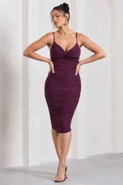 Desired | Plum Ruched Strappy Midi Dress -ENY Clothing Shop WB CL126642101 DesiredPlumRuchedStrappyMidiDress0