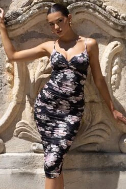 Desired | Black Floral Print Knot Detail Ruched Midi Dress -ENY Clothing Shop WB CL126642155 DesiredBlackPinkFloralRuchedStrappyMidiDress4