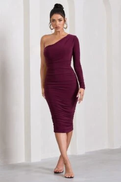 In The Shadows | Burgundy One Sleeve Midi Dress With Ruching -ENY Clothing Shop WB CL126671069 InTheShadowsBurgundyOneSleeveMidiDressWithRuching3