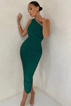 Late Night | Bottle Green Asymmetric One Shoulder Ruched Midi Dress -ENY Clothing Shop WB CL126680 green Asymetric One SHoulder Ruched Mini Dress 7
