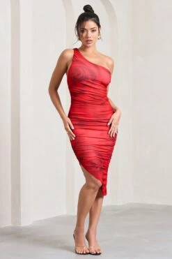 Late Night | Red Rose Print Asymmetric One Shoulder Ruched Midi Dress -ENY Clothing Shop WB CL126680100 LateNightRedRosePrintAsymmetricOneShoulderRuchedMidiDress4
