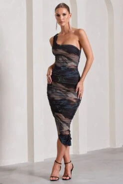 Late Night | Brown And Blue Print Asymmetric One Shoulder Ruched Midi Dress -ENY Clothing Shop WB CL126680140 LateNightBrownAndBluePrintAsymmetricOneShoulderRuchedMidiDress3