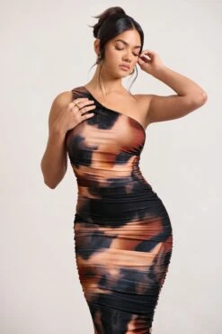 Late Night | Orange Smoke Print Asymmetric One Shoulder Ruched Midi Dress -ENY Clothing Shop WB CL126680158 LateNight OrangeSmokePrintAsymmetricOneShoulderRuchedMidiDress5