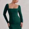 Muse | Green Long Sleeve Square Neck Ruched Mini Dress