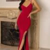 Love Shy | Red Plunge Neck Maxi Dress With Split Detail