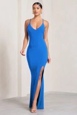 Love Shy | Blue Plunge Neck Maxi Dress With Split Detail -ENY Clothing Shop WB CL126720020 LoveShyBluePlungeNeckMaxiDressWithSplitDetail3