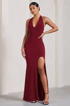 Glamour | Berry Backless V Plunge Halter Neck Maxi Dress With Side Split -ENY Clothing Shop WB CL126723015 GlamourBerryBacklessVPlungeHalterNeckMaxiDressWithSideSplit0