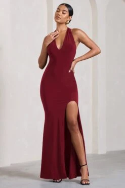 Glamour | Berry Backless V Plunge Halter Neck Maxi Dress With Side Split -ENY Clothing Shop WB CL126723015 GlamourBerryBacklessVPlungeHalterNeckMaxiDressWithSideSplit1