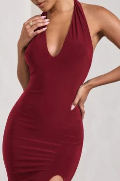 Glamour | Berry Backless V Plunge Halter Neck Maxi Dress With Side Split -ENY Clothing Shop WB CL126723015 GlamourBerryBacklessVPlungeHalterNeckMaxiDressWithSideSplit3