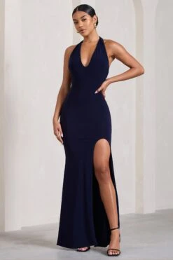 Glamour | Navy Backless V Plunge Halter Neck Maxi Dress With Side Split -ENY Clothing Shop WB CL126723015 GlamourNavyBacklessVPlungeHalterNeckMaxiDressWithSideSplit0