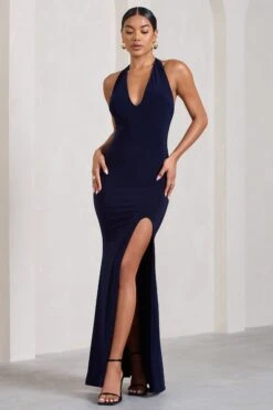 Glamour | Navy Backless V Plunge Halter Neck Maxi Dress With Side Split -ENY Clothing Shop WB CL126723015 GlamourNavyBacklessVPlungeHalterNeckMaxiDressWithSideSplit3