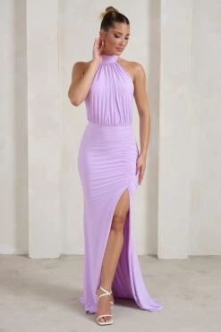Forever Dreaming | Lilac Backless Halterneck Ruched Split Maxi Dress -ENY Clothing Shop WB CL126728 ForeverDreamingLilacHalterneckRuchedSplitMaxiDress1