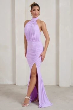 Forever Dreaming | Lilac Backless Halterneck Ruched Split Maxi Dress -ENY Clothing Shop WB CL126728 ForeverDreamingLilacHalterneckRuchedSplitMaxiDress2
