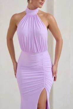 Forever Dreaming | Lilac Backless Halterneck Ruched Split Maxi Dress -ENY Clothing Shop WB CL126728 ForeverDreamingLilacHalterneckRuchedSplitMaxiDress3