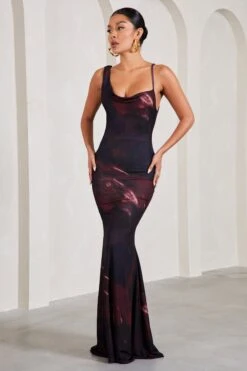 Phantasy | Plum Print Asymmetric Neckline Cowl Maxi Dress -ENY Clothing Shop WB CL126730162 PhantasyPlumPrintAsymmetricNecklineCowlMaxiDress3