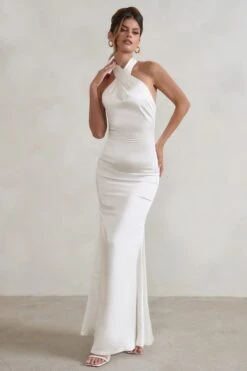 Unstoppable | White Satin Cross Over Halter Neck Maxi Dress -ENY Clothing Shop WB CL126739 UnstoppableWhiteSatinCrossOverHalterNeckMaxiDress2